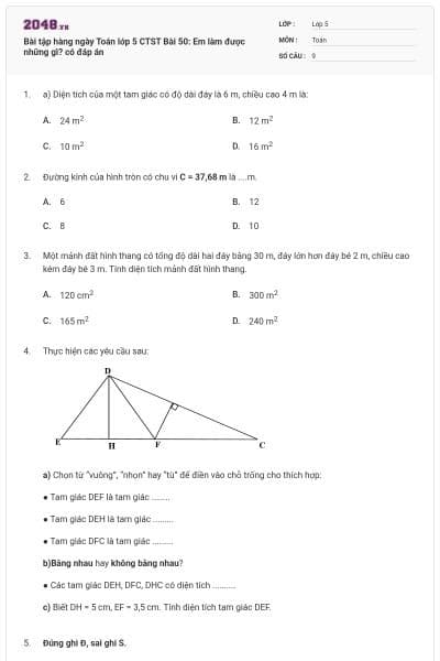 Bài tập hàng ngày Toán lớp 5 CTST Bài 50: Em làm được những gì? có đáp án