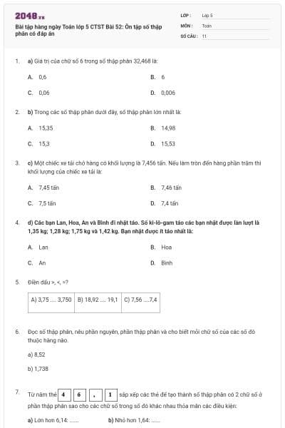 Bài tập hàng ngày Toán lớp 5 CTST Bài 52: Ôn tập số thập phân có đáp án
