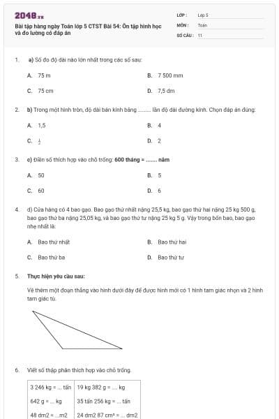 Bài tập hàng ngày Toán lớp 5 CTST Bài 54: Ôn tập hình học và đo lường có đáp án