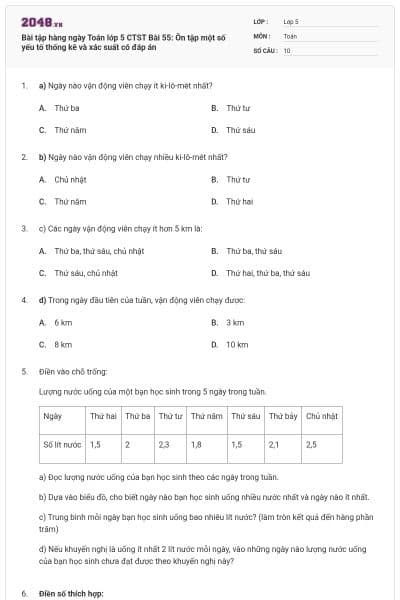Bài tập hàng ngày Toán lớp 5 CTST Bài 55: Ôn tập một số yếu tố thống kê và xác suất có đáp án