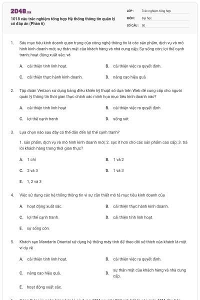 1018 câu trắc nghiệm tổng hợp Hệ thống thông tin quản lý có đáp án (Phần 6)