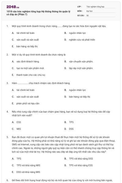 1018 câu trắc nghiệm tổng hợp Hệ thống thông tin quản lý có đáp án (Phần 7)