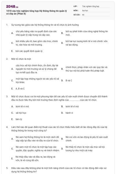 1018 câu trắc nghiệm tổng hợp Hệ thống thông tin quản lý có đáp án (Phần 8)