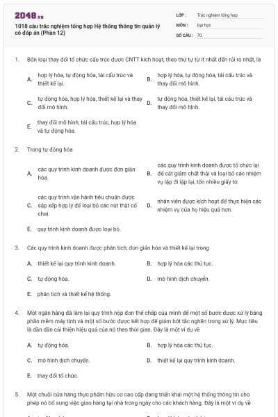 1018 câu trắc nghiệm tổng hợp Hệ thống thông tin quản lý có đáp án (Phần 12)