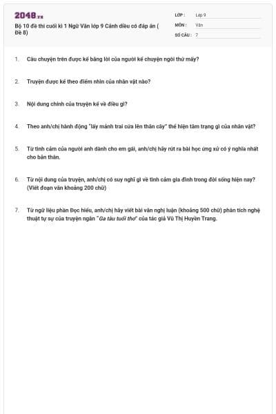 Bộ 10 đề thi cuối kì 1 Ngữ Văn lớp 9 Cánh diều có đáp án ( Đề 8)