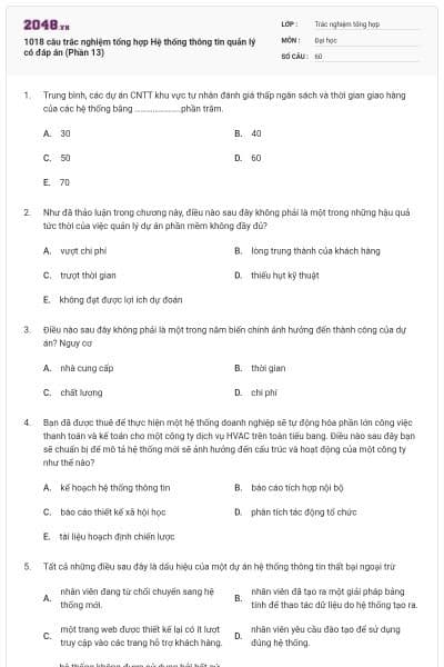 1018 câu trắc nghiệm tổng hợp Hệ thống thông tin quản lý có đáp án (Phần 13)