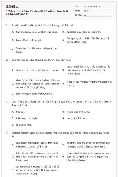 1018 câu trắc nghiệm tổng hợp Hệ thống thông tin quản lý có đáp án (Phần 14)