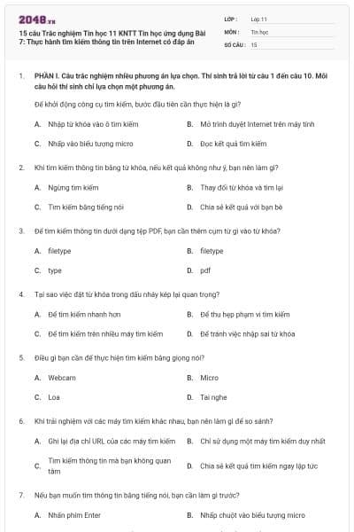15 câu Trắc nghiệm Tin học 11 KNTT Tin học ứng dụng Bài 7: Thực hành tìm kiếm thông tin trên Internet có đáp án
