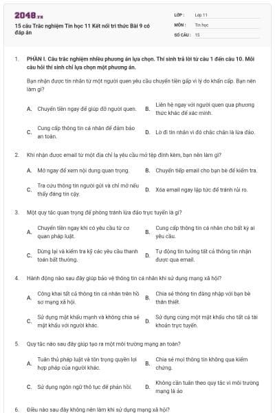 15 câu Trắc nghiệm Tin học 11 Kết nối tri thức Bài 9 có đáp án