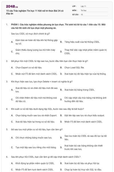 15 câu Trắc nghiệm Tin học 11 Kết nối tri thức Bài 24 có đáp án