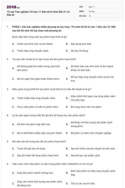 15 câu Trắc nghiệm Tin học 11 Kết nối tri thức Bài 31 có đáp án