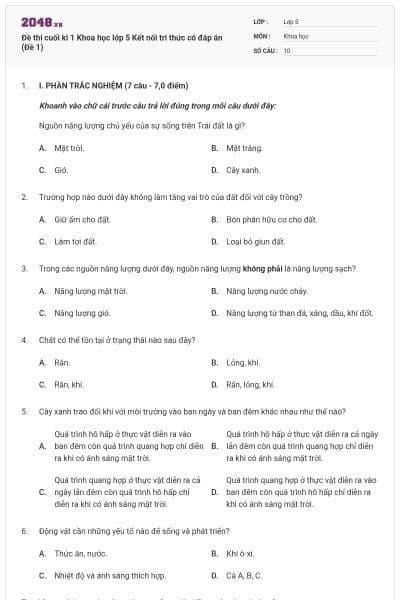 Đề thi cuối kì 1 Khoa học lớp 5 Kết nối tri thức có đáp án (Đề 1)