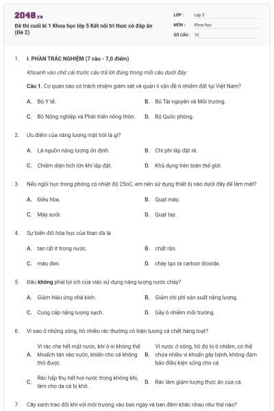 Đề thi cuối kì 1 Khoa học lớp 5 Kết nối tri thức có đáp án (Đề 2)
