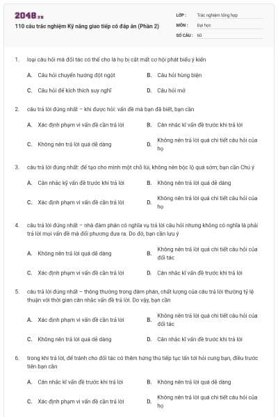 110 câu trắc nghiệm Kỹ năng giao tiếp có đáp án (Phần 2)