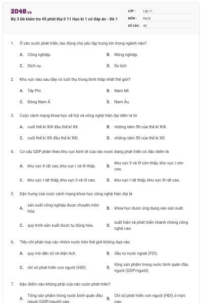 Bộ 3 Đề kiểm tra 45 phút Địa lí 11 Học kì 1 có đáp án - Đề 1