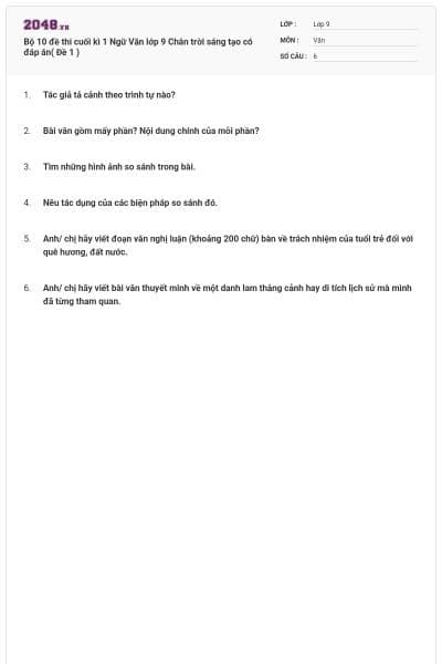 Bộ 10 đề thi cuối kì 1 Ngữ Văn lớp 9 Chân trời sáng tạo có đáp án( Đề 1 )