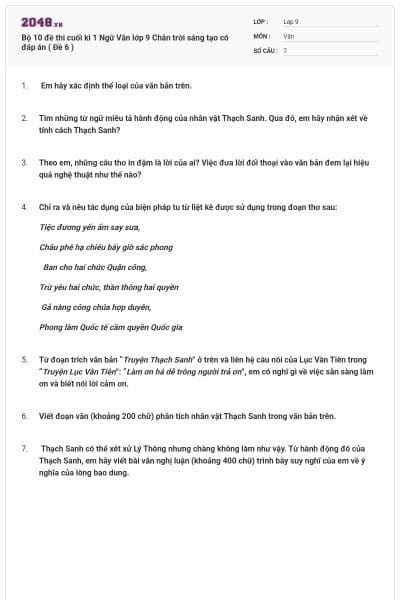 Bộ 10 đề thi cuối kì 1 Ngữ Văn lớp 9 Chân trời sáng tạo có đáp án ( Đề 6 )