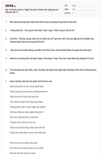 Bộ 10 đề thi cuối kì 1 Ngữ Văn lớp 9 Chân trời sáng tạo có đáp án( Đề 7 )