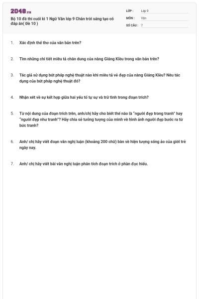 Bộ 10 đề thi cuối kì 1 Ngữ Văn lớp 9 Chân trời sáng tạo có đáp án( Đề 10 )