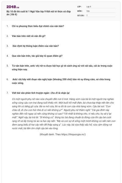 Bộ 10 đề thi cuối kì 1 Ngữ Văn lớp 9 Kết nối tri thức có đáp án ( Đề 6)