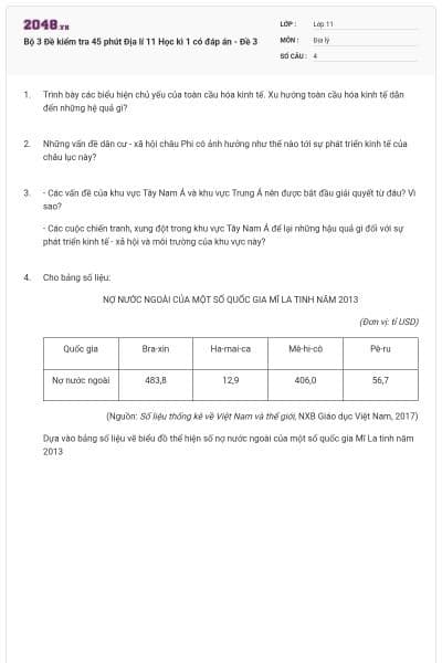Bộ 3 Đề kiểm tra 45 phút Địa lí 11 Học kì 1 có đáp án - Đề 3
