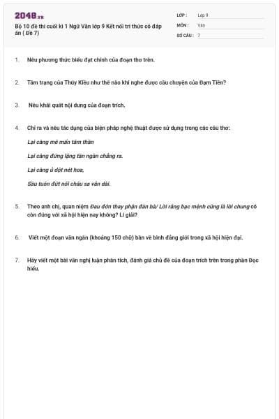 Bộ 10 đề thi cuối kì 1 Ngữ Văn lớp 9 Kết nối tri thức có đáp án ( Đề 7)