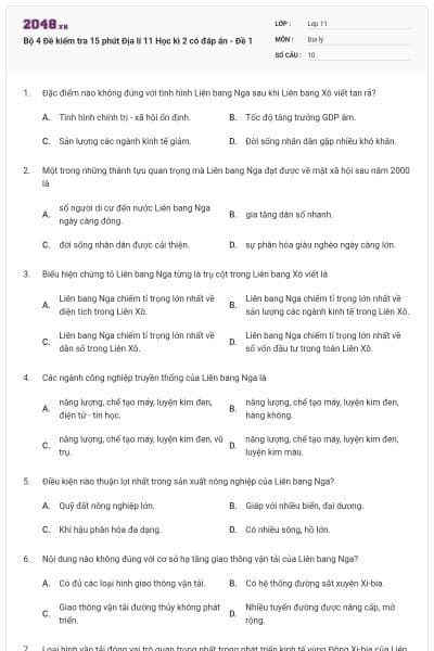 Bộ 4 Đề kiểm tra 15 phút Địa lí 11 Học kì 2 có đáp án - Đề 1