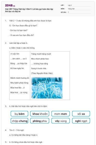 Giải VBT Tiếng Việt lớp 3 Bài 9: Lời kêu gọi toàn dân tập thể dục có đáp án