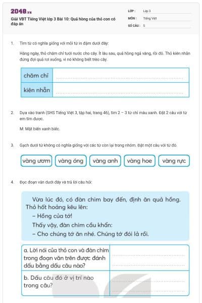Giải VBT Tiếng Việt lớp 3 Bài 10: Quả hồng của thỏ con có đáp án