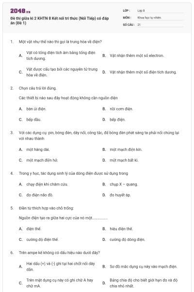Đề thi giữa kì 2 KHTN 8 Kết nối tri thức (Nối Tiếp) có đáp án (Đề 1)