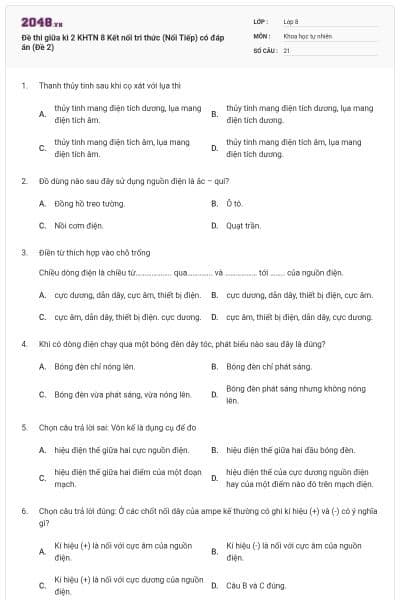 Đề thi giữa kì 2 KHTN 8 Kết nối tri thức (Nối Tiếp) có đáp án (Đề 2)