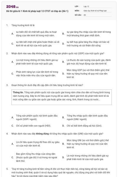 Đề thi giữa kì 1 Kinh tế pháp luật 12 CTST có đáp án (Đề 1)