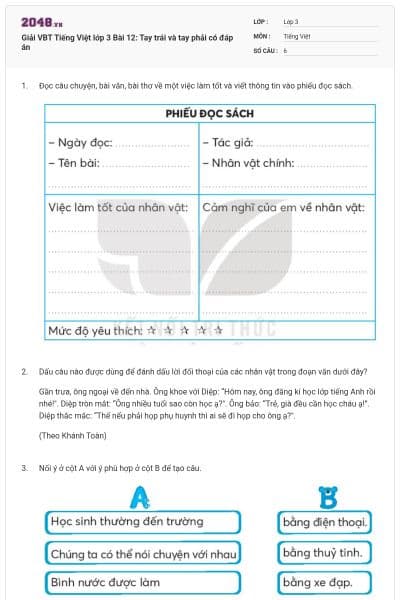 Giải VBT Tiếng Việt lớp 3 Bài 12: Tay trái và tay phải có đáp án