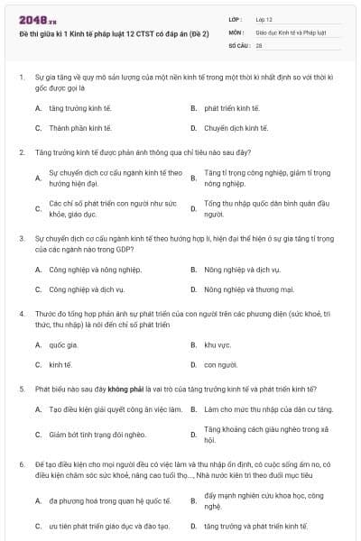 Đề thi giữa kì 1 Kinh tế pháp luật 12 CTST có đáp án (Đề 2)