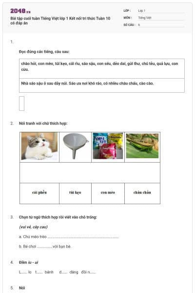 Bài tập cuối tuần Tiếng Việt lớp 1 Kết nối tri thức Tuần 10 có đáp án
