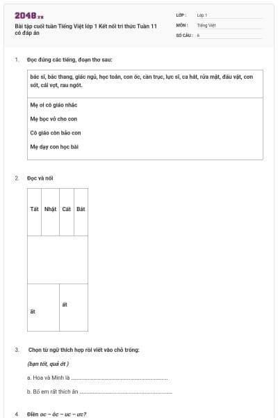 Bài tập cuối tuần Tiếng Việt lớp 1 Kết nối tri thức Tuần 11 có đáp án