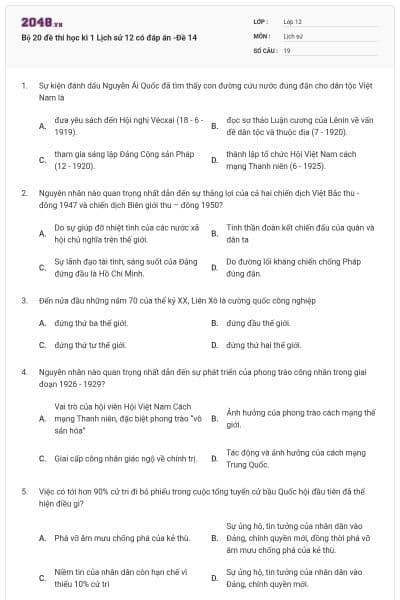 Bộ 20 đề thi học kì 1 Lịch sử 12 có đáp án -Đề 14