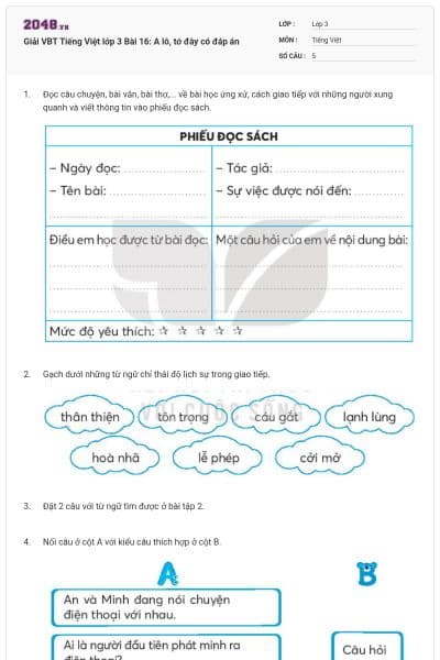 Giải VBT Tiếng Việt lớp 3 Bài 16: A lô, tớ đây có đáp án