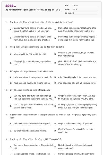 Bộ 3 Đề kiểm tra 45 phút Địa lí 11 Học kì 2 có đáp án - Đề 2