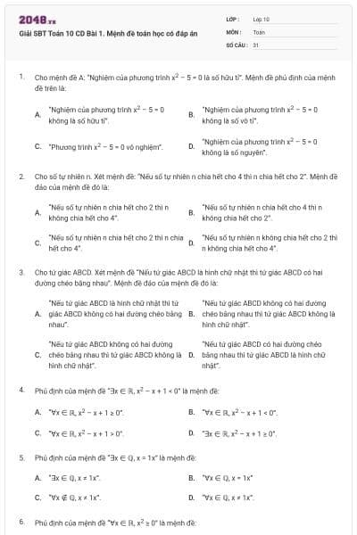 Giải SBT Toán 10 CD Bài 1. Mệnh đề toán học có đáp án