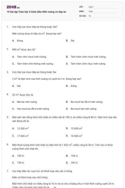 10 bài tập Toán lớp 4 Cánh diều Mét vuông có đáp án
