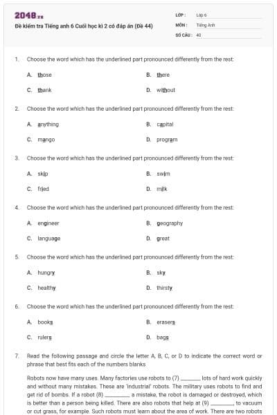 Đề kiểm tra Tiếng anh 6 Cuối học kì 2 có đáp án (Đề 44)