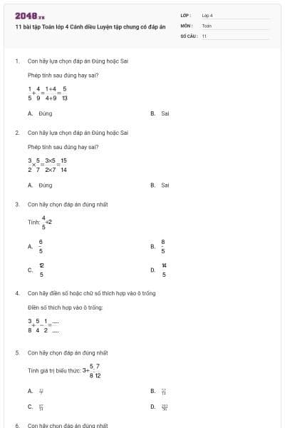 11 bài tập Toán lớp 4 Cánh diều Luyện tập chung có đáp án