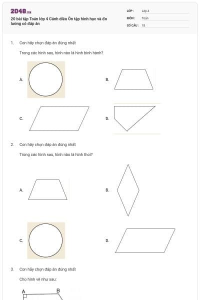 20 bài tập Toán lớp 4 Cánh diều Ôn tập hình học và đo lường có đáp án