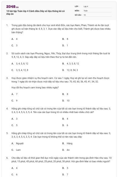 10 bài tập Toán lớp 4 Cánh diều Dãy số liệu thống kê có đáp án