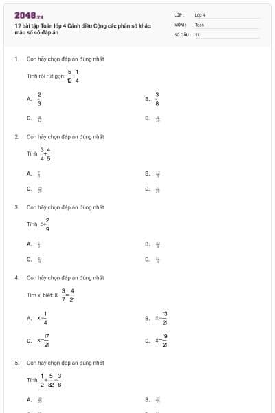 12 bài tập Toán lớp 4 Cánh diều Cộng các phân số khác mẫu số có đáp án