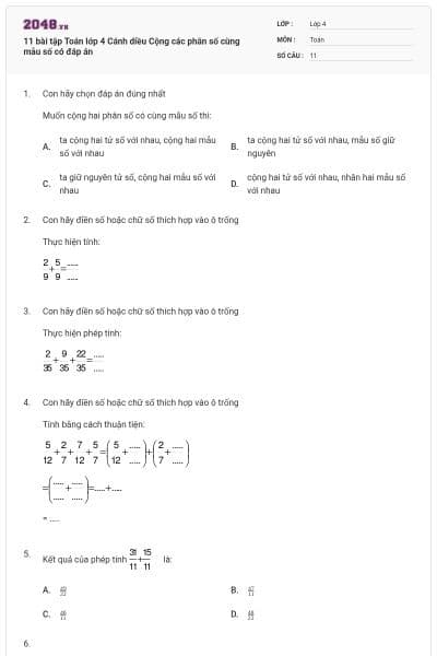 11 bài tập Toán lớp 4 Cánh diều Cộng các phân số cùng mẫu số có đáp án