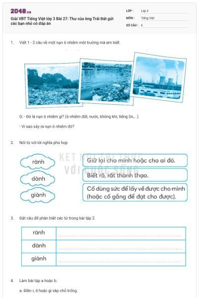 Giải VBT Tiếng Việt lớp 3 Bài 27: Thư của ông Trái Đất gửi các bạn nhỏ có đáp án