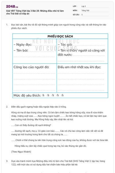 Giải VBT Tiếng Việt lớp 3 Bài 28: Những điều nhỏ tớ làm cho Trái Đất có đáp án