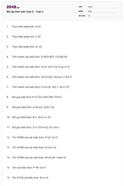 Bài tập theo tuần Toán 8 - Tuần 3